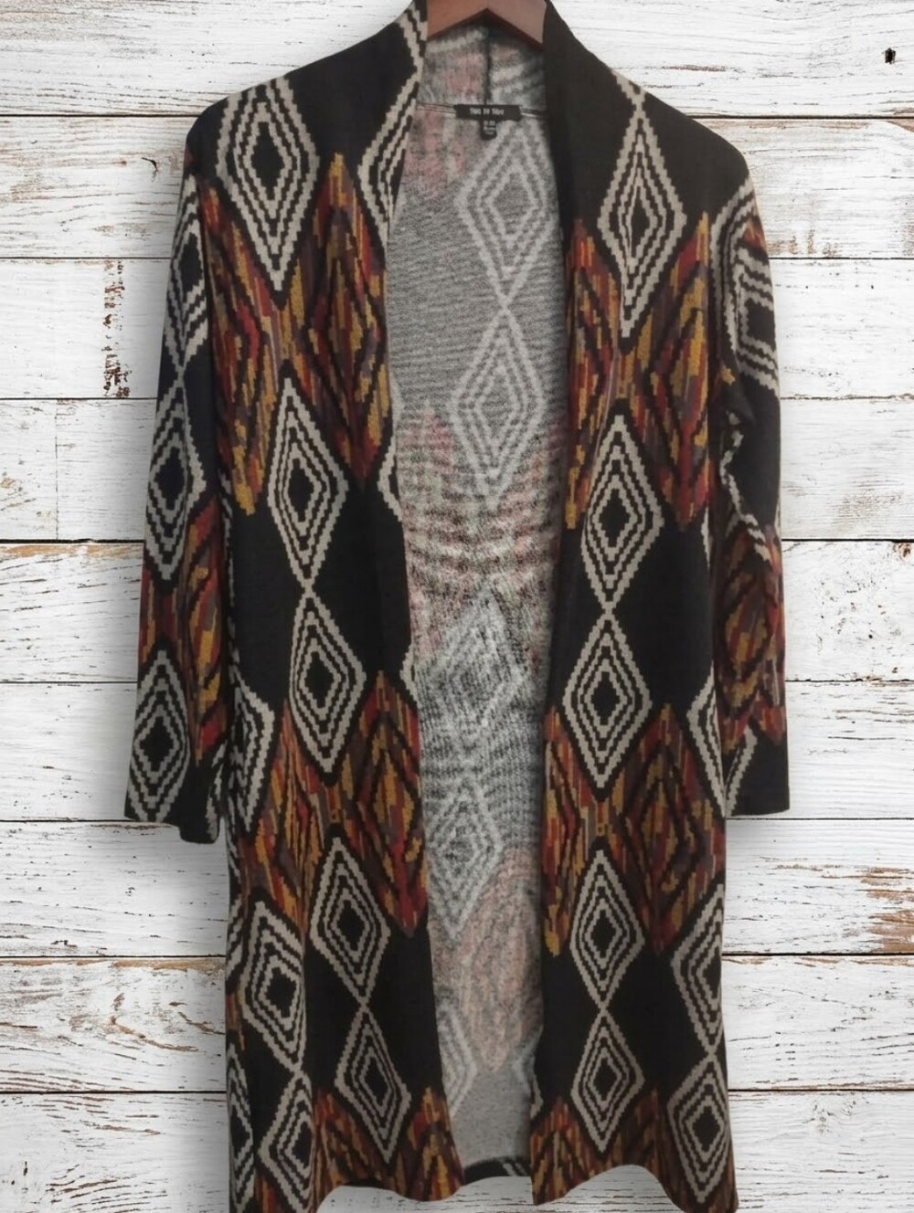 Yak & Yeti Open Cardigan Sweater Black Geometric Diamond S/M Nepal